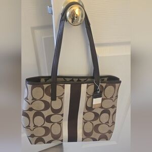 Coach Signature Stripe Tote in Brown and Cream